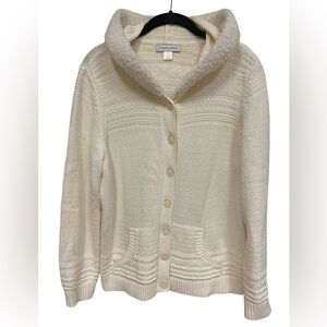 Christopher & Banks Sweater Ivory Sherpa Trim Hood Women Size Large Button Up